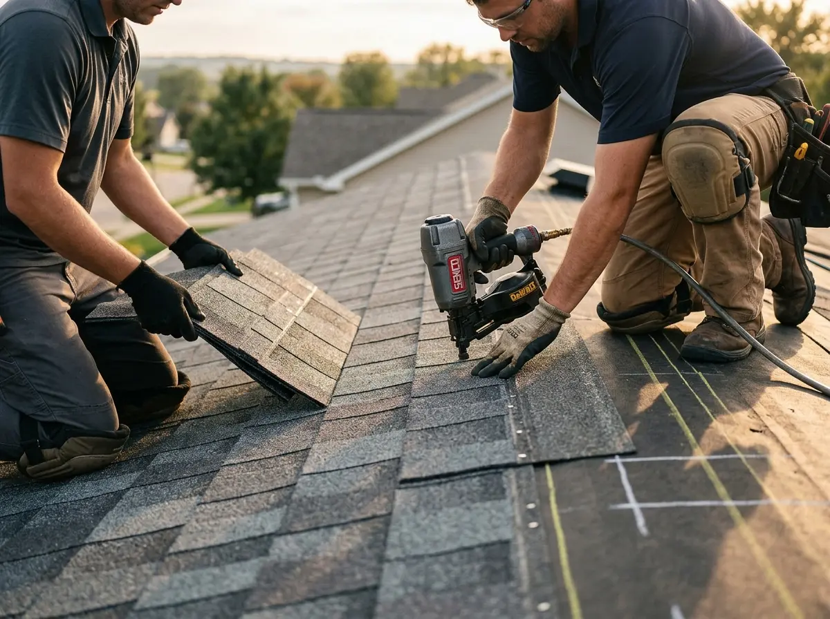 Professional roofer working on a residential roof in Pella